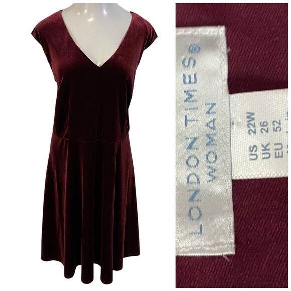 London Times Dress Womens 22W Red Velvet Party Work Office Date Elegant Stretch - Picture 1 of 11